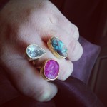 anello in argento bagnato in ottone turchese, cristallo di rocca ,rubino